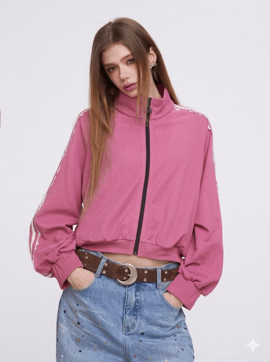 Daily Ritual Blockette Aesthetic Zip-Up Jacket  Lace-Trimmed Retro Sporty Track Coat Slouchy Coquette Outerwear  2026 New Arrival