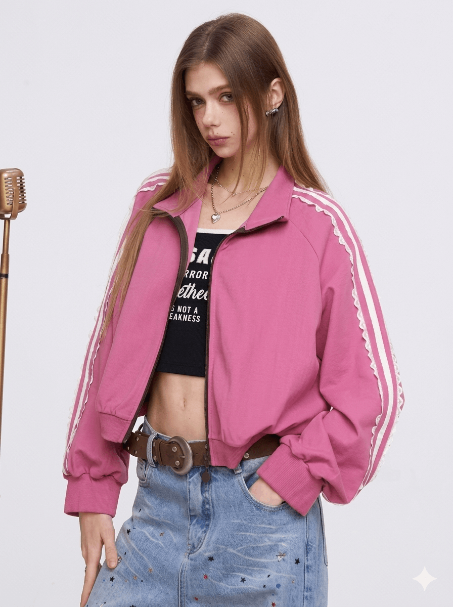 Daily Ritual Blockette Aesthetic Zip-Up Jacket  Lace-Trimmed Retro Sporty Track Coat Slouchy Coquette Outerwear  2026 New Arrival