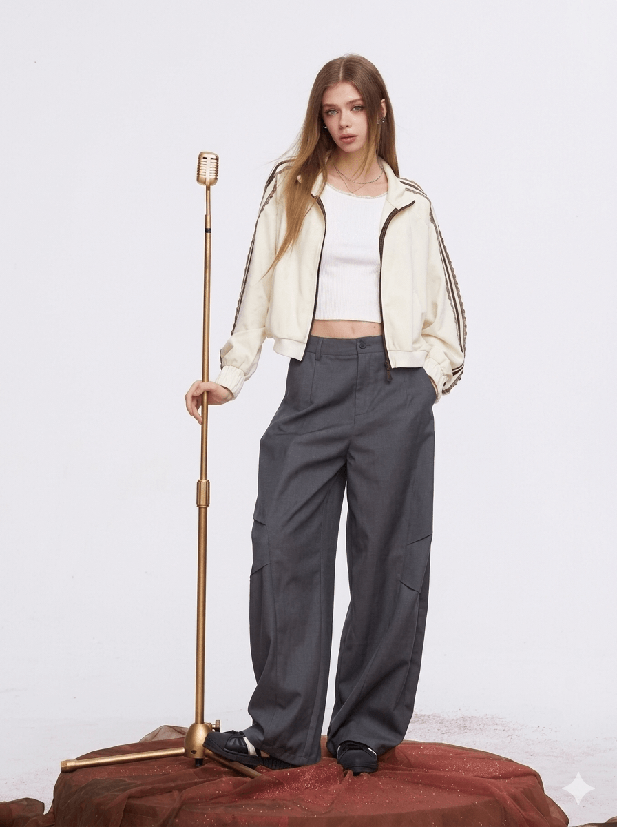 Daily Ritual Blockette Aesthetic Zip-Up Jacket  Lace-Trimmed Retro Sporty Track Coat Slouchy Coquette Outerwear  2026 New Arrival