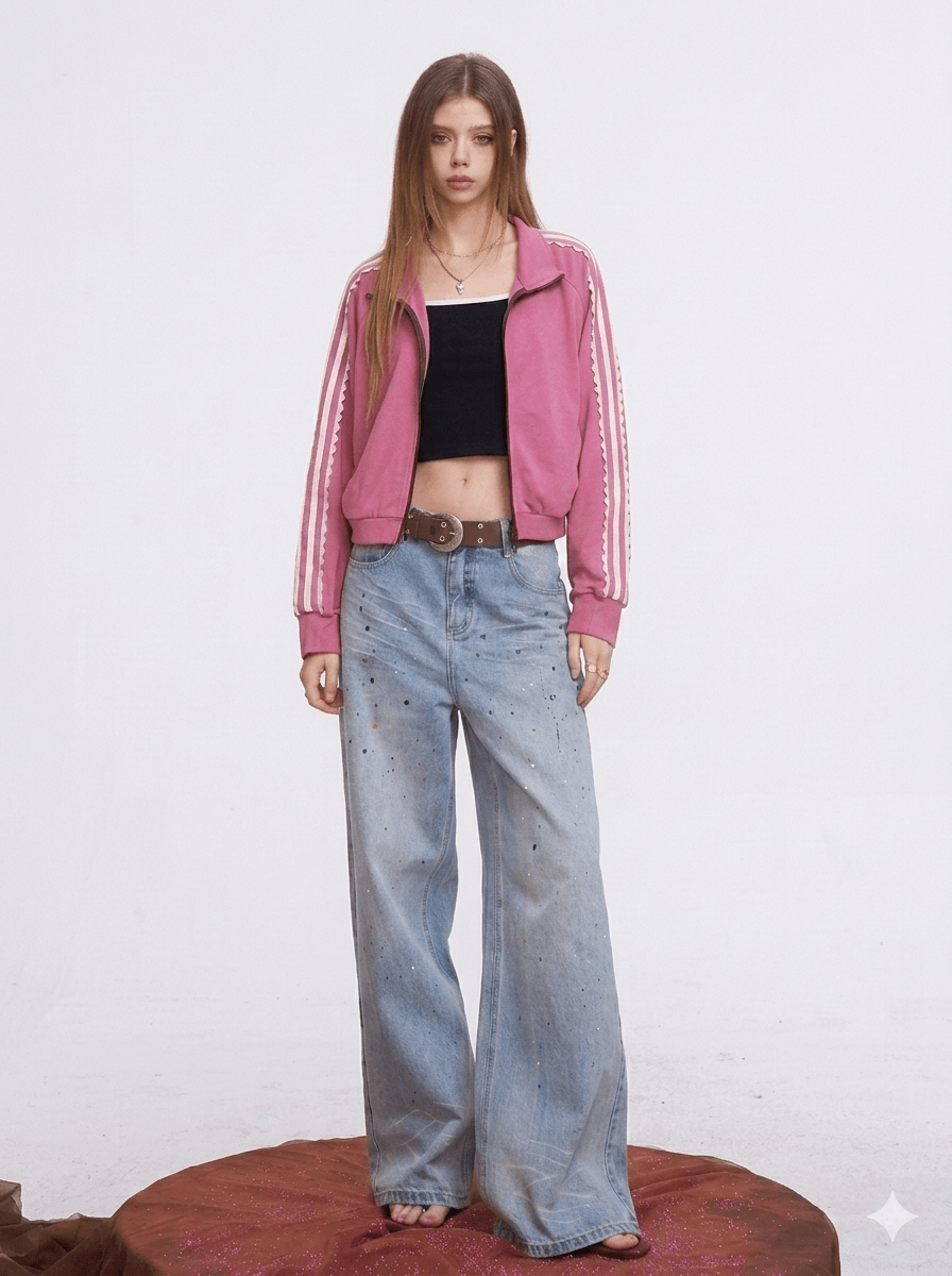 Daily Ritual Blockette Aesthetic Zip-Up Jacket  Lace-Trimmed Retro Sporty Track Coat Slouchy Coquette Outerwear  2026 New Arrival