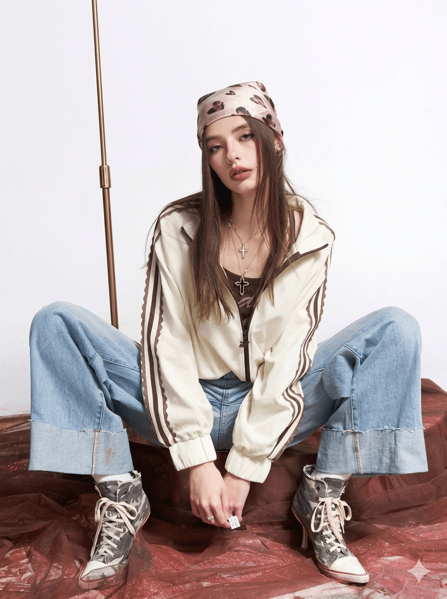 Daily Ritual Blockette Aesthetic Zip-Up Jacket  Lace-Trimmed Retro Sporty Track Coat Slouchy Coquette Outerwear  2026 New Arrival