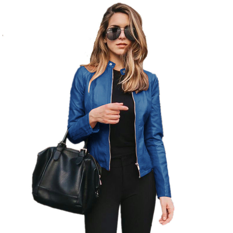 Women's Fashion Leather PU Coat Jacket Long Sleeve Zipper Pocket Autumn Winter Regular Printed Fabric