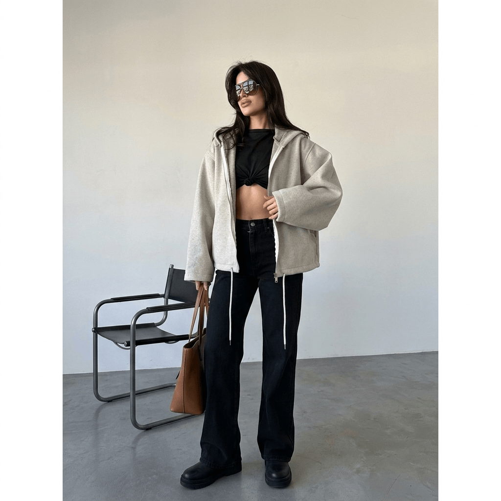 2026 New Women's Cropped Hooded Jacket  Casual Solid Loose Fit Zip Up Coat with Pockets | Fashion Streetwear & Commuter Outerwear