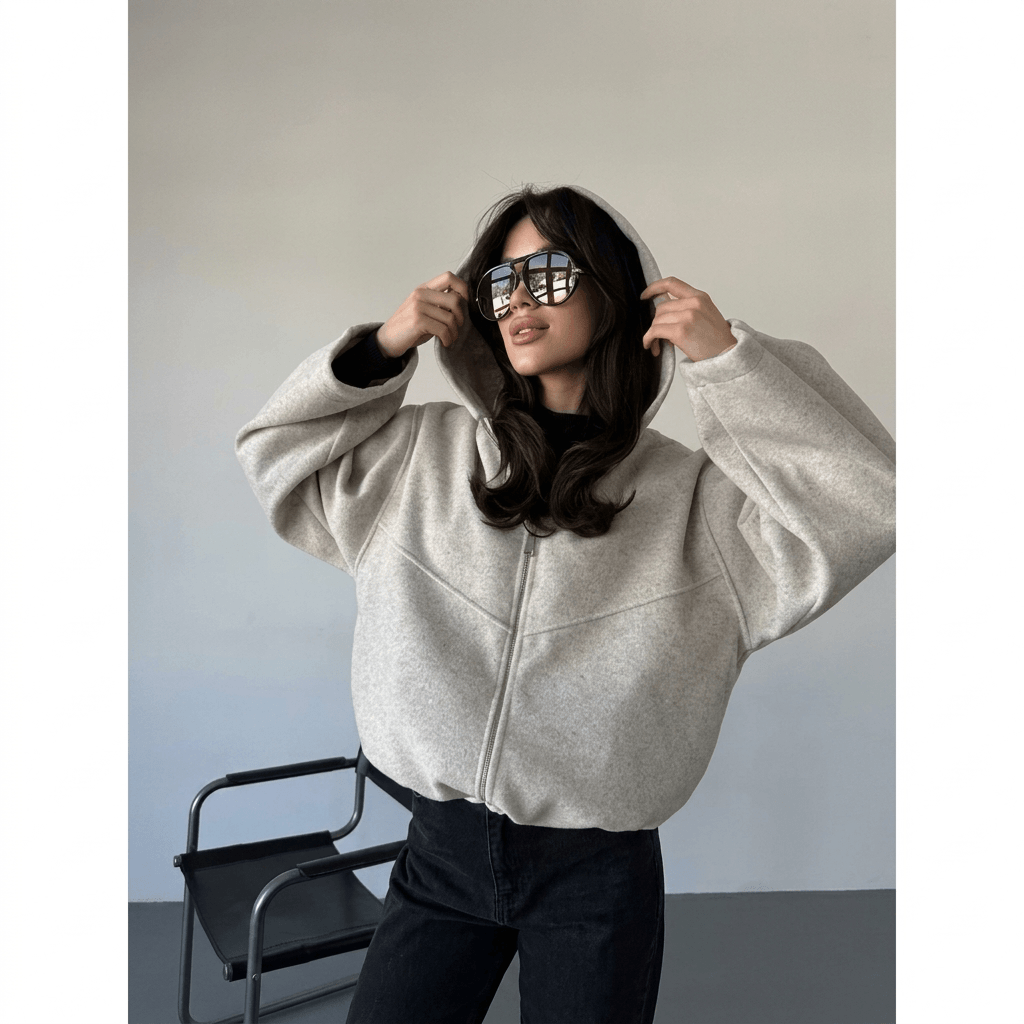 2026 New Women's Cropped Hooded Jacket  Casual Solid Loose Fit Zip Up Coat with Pockets | Fashion Streetwear & Commuter Outerwear