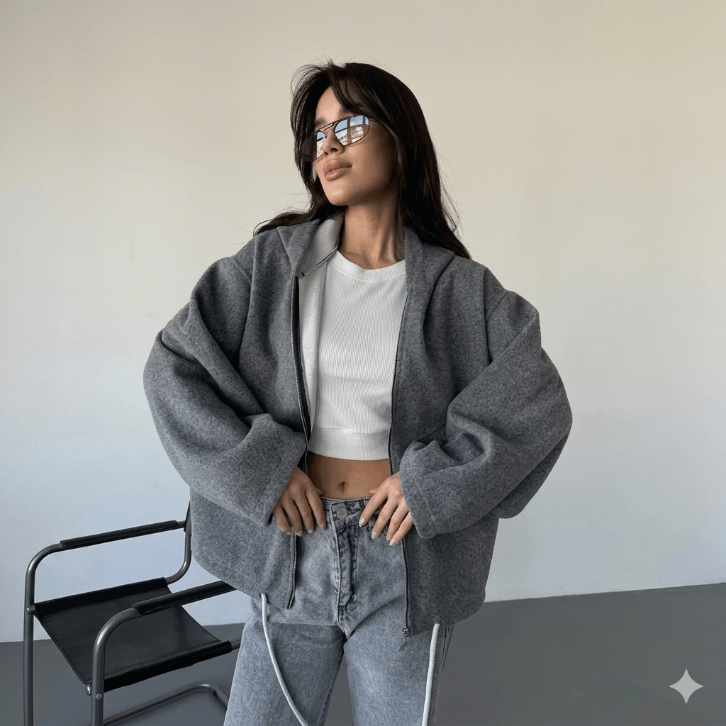 2026 New Women's Cropped Hooded Jacket  Casual Solid Loose Fit Zip Up Coat with Pockets | Fashion Streetwear & Commuter Outerwear