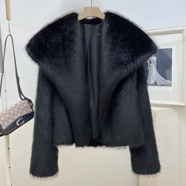Faux Fur Cropped Jacket Vintage Lapel Long-sleeved Conceal Button Solid Outerwear Winter Lady Chic Coat