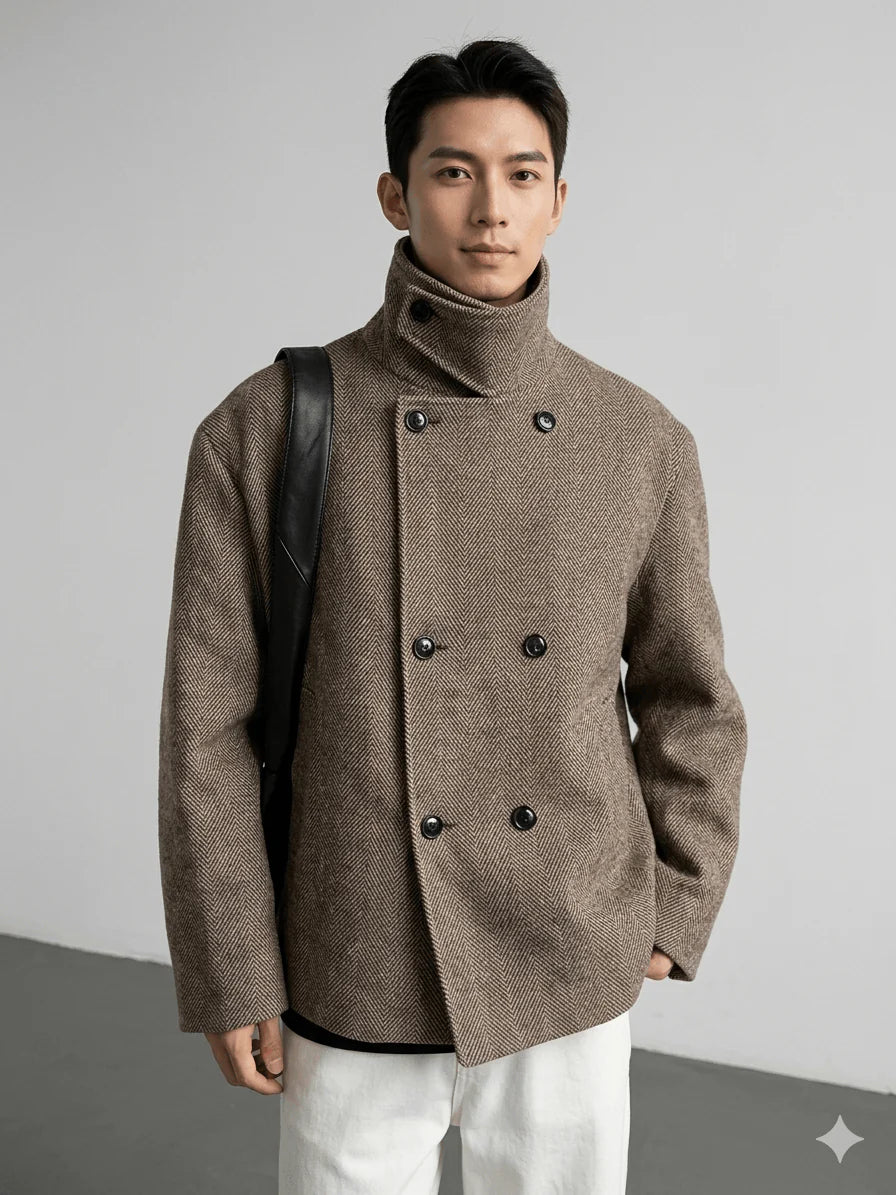 Autumn Winter Men's Luxury Wool Blend Jacket - Double Breasted Herringbone Short Coat - Stand Collar Designer Clothes 2026