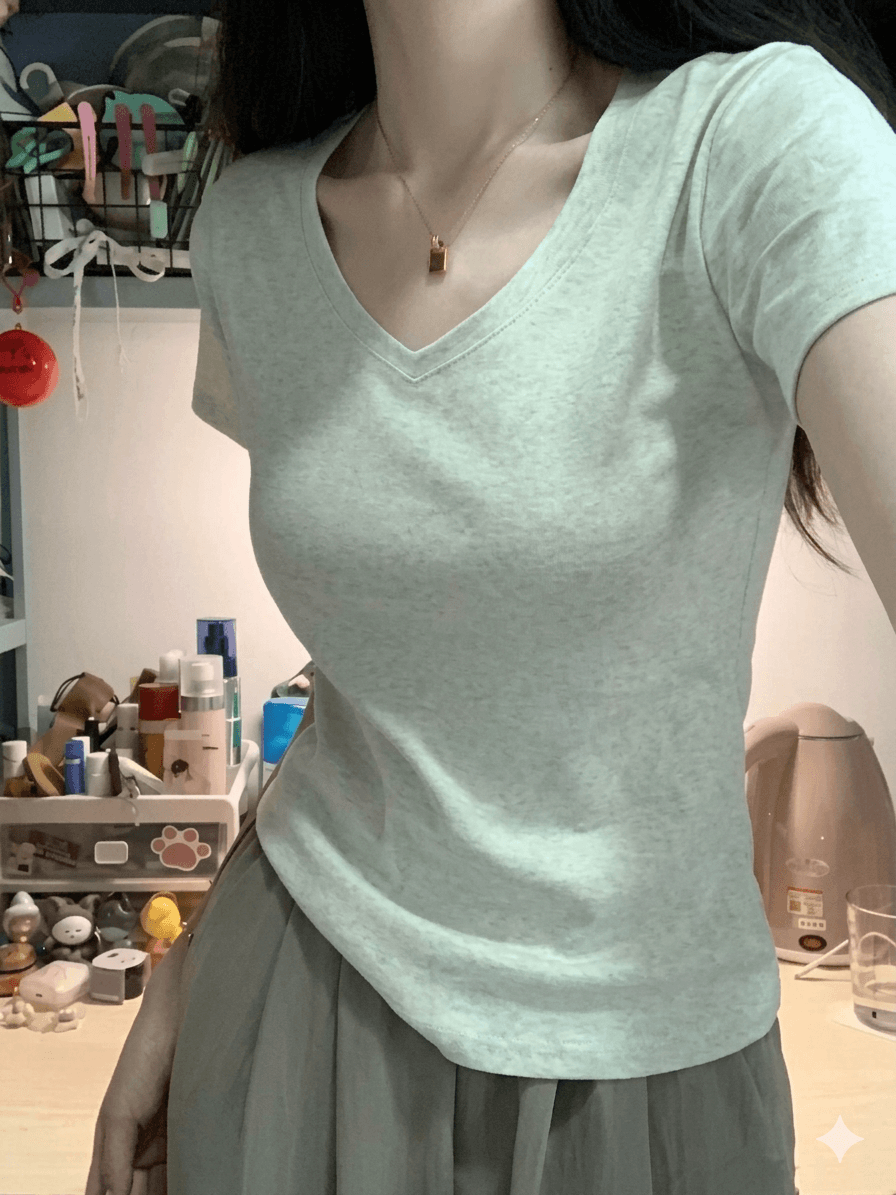 Women's 100% Cotton V-Neck T-Shirt Summer Short Sleeve Slim Fit Basic Tee | Soft Casual Solid Color Top for Daily Wear