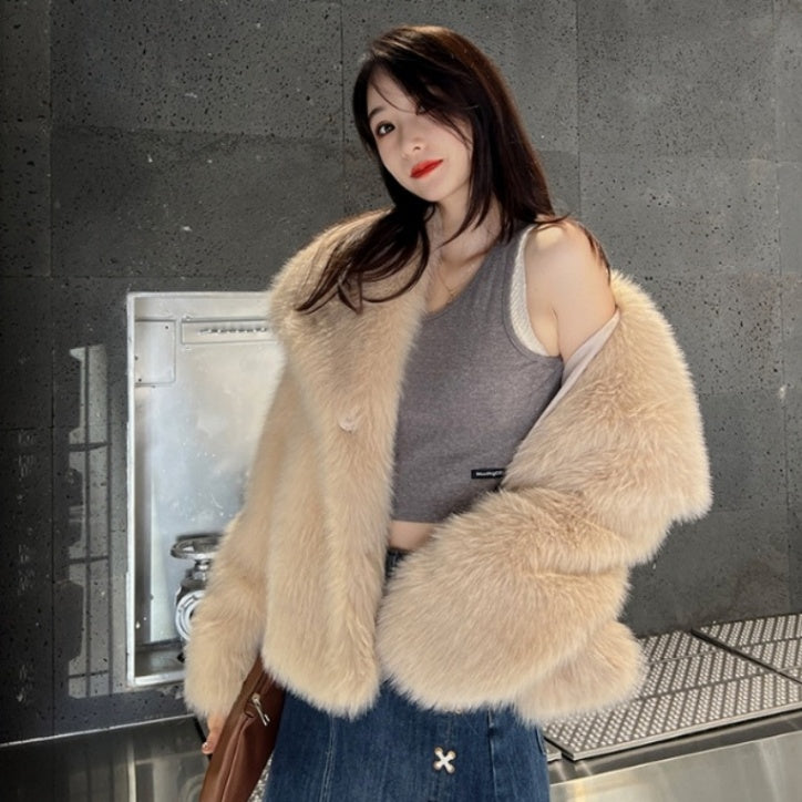 Faux Fur Cropped Jacket Vintage Lapel Long-sleeved Conceal Button Solid Outerwear Winter Lady Chic Coat