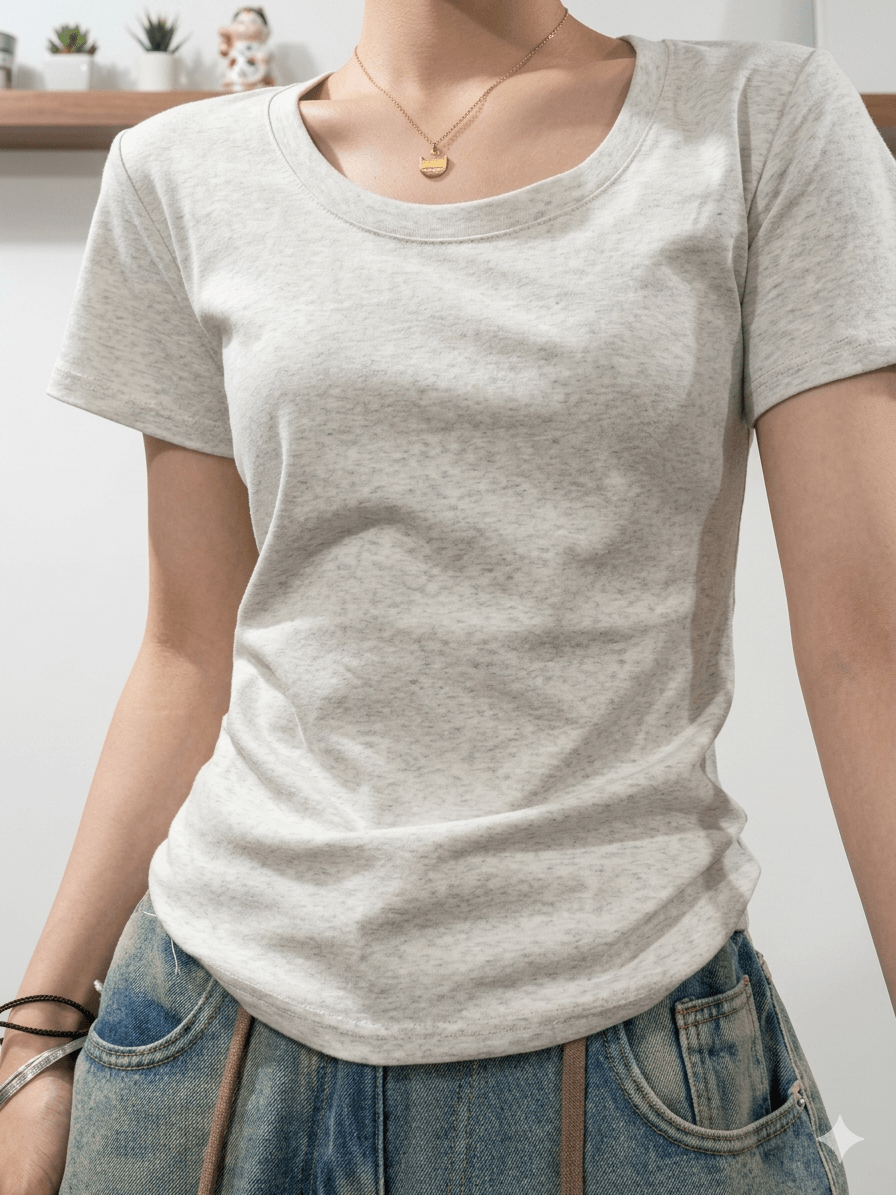 Slim Fit Knitted T-Shirt for Women Sexy U-Collar Short Sleeve Basic Tee - Athletic Sporty Sheath Top Streetwear