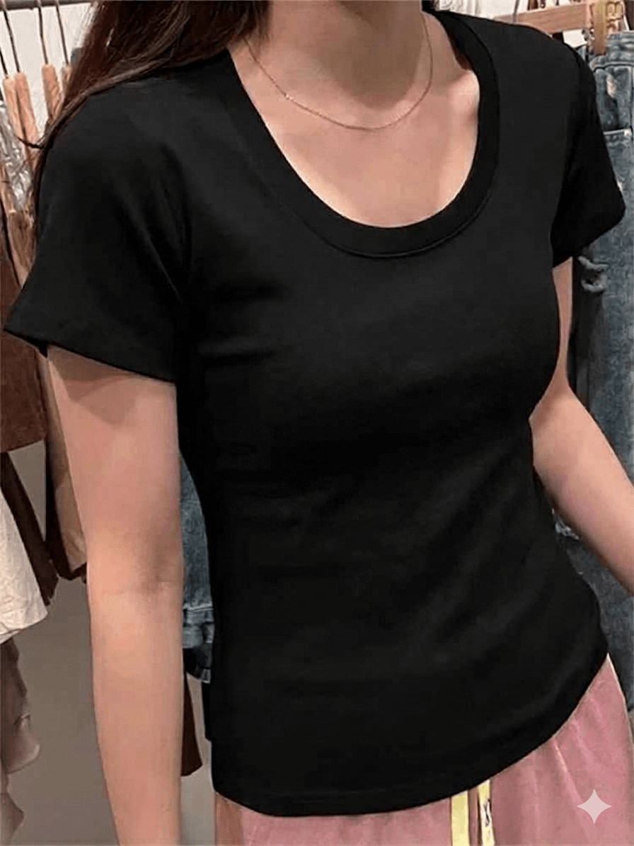 Slim Fit Knitted T-Shirt for Women Sexy U-Collar Short Sleeve Basic Tee - Athletic Sporty Sheath Top Streetwear