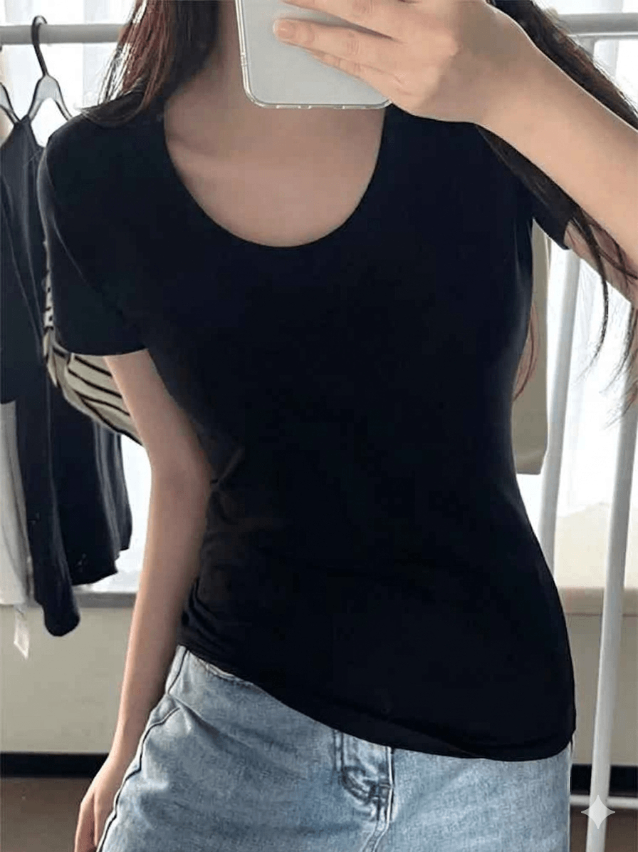 Slim Fit Knitted T-Shirt for Women Sexy U-Collar Short Sleeve Basic Tee - Athletic Sporty Sheath Top Streetwear