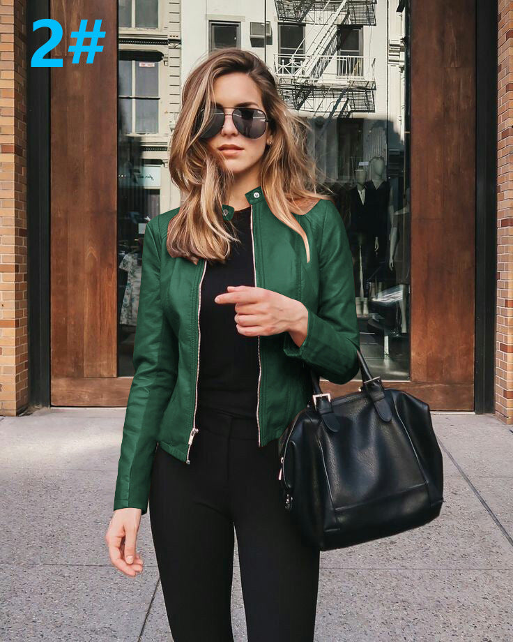 Women's Fashion Leather PU Coat Jacket Long Sleeve Zipper Pocket Autumn Winter Regular Printed Fabric