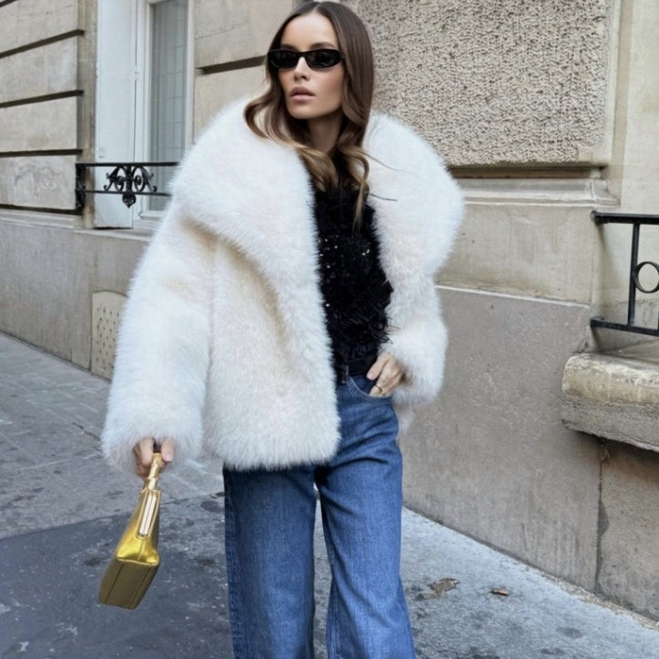 Faux Fur Cropped Jacket Vintage Lapel Long-sleeved Conceal Button Solid Outerwear Winter Lady Chic Coat
