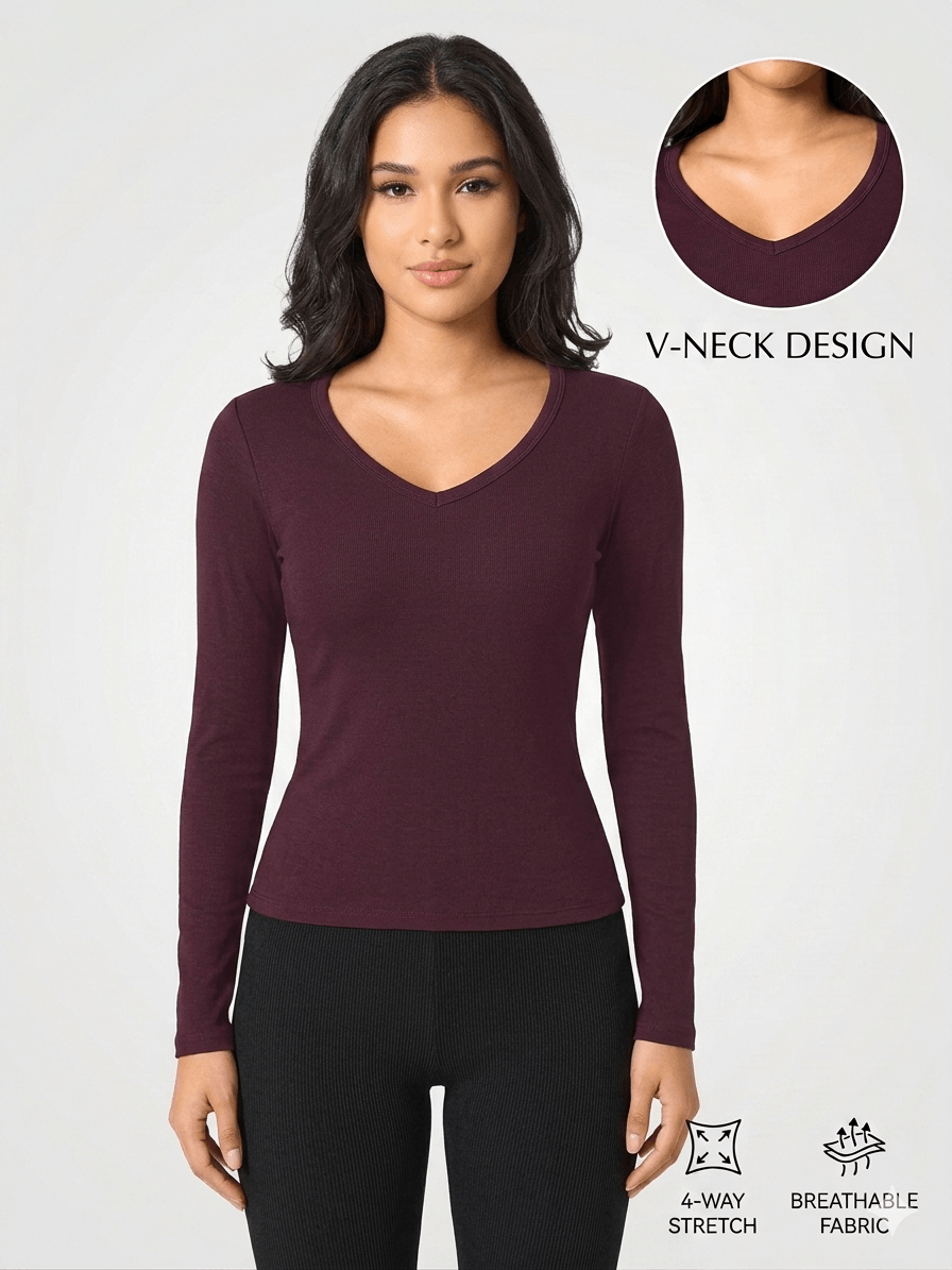 Women's High-Performance Long Sleeve Workout Shirt Moisture-Wicking V-Neck Athletic Tee for Running & Yoga
