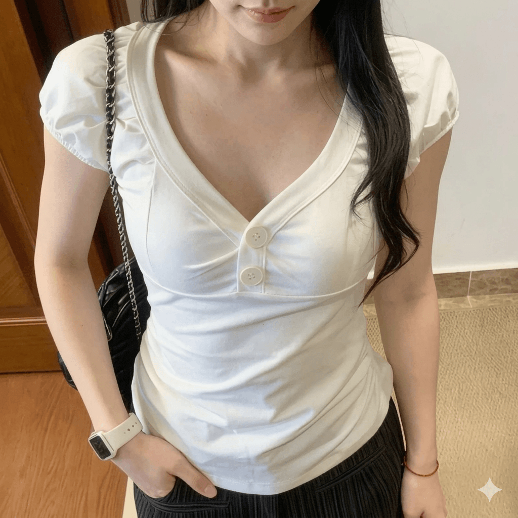 Women's  V-Neck Short Sleeve T-Shirt Solid Color Button Down Pullover  Summer 2000s Vintage Casual Cotton Top