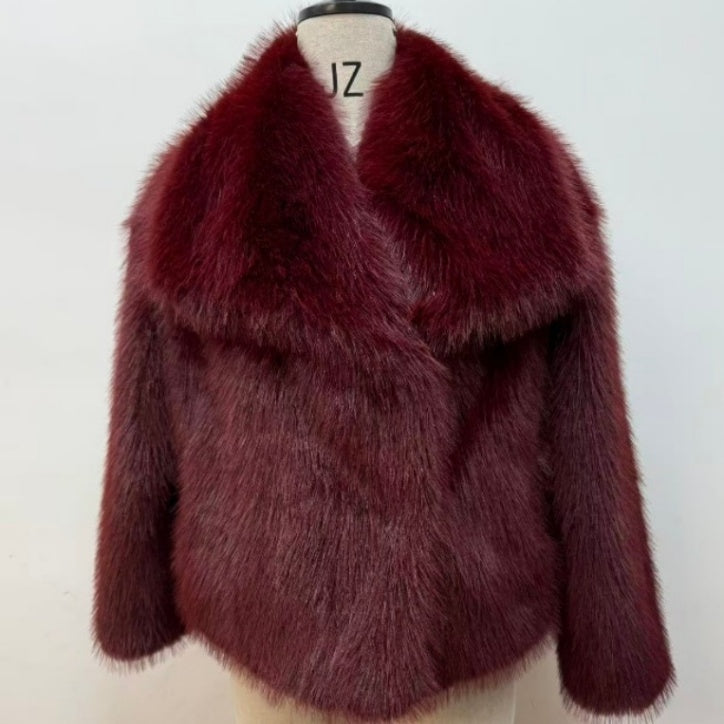 Faux Fur Cropped Jacket Vintage Lapel Long-sleeved Conceal Button Solid Outerwear Winter Lady Chic Coat