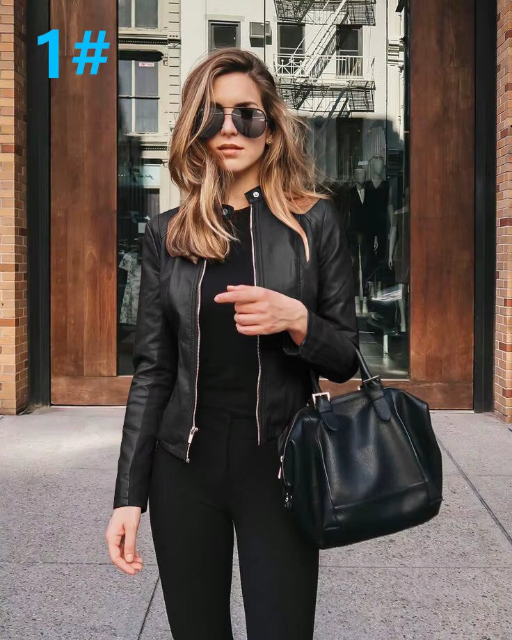 Women's Fashion Leather PU Coat Jacket Long Sleeve Zipper Pocket Autumn Winter Regular Printed Fabric