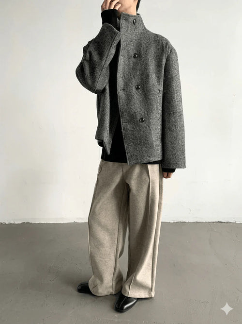 Autumn Winter Men's Luxury Wool Blend Jacket - Double Breasted Herringbone Short Coat - Stand Collar Designer Clothes 2026