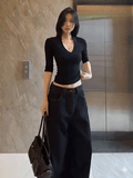 Women's  Black Crop Top V-Neck Drop Shoulder Short Sleeve Slim Fit Tee for Summer Streetwear