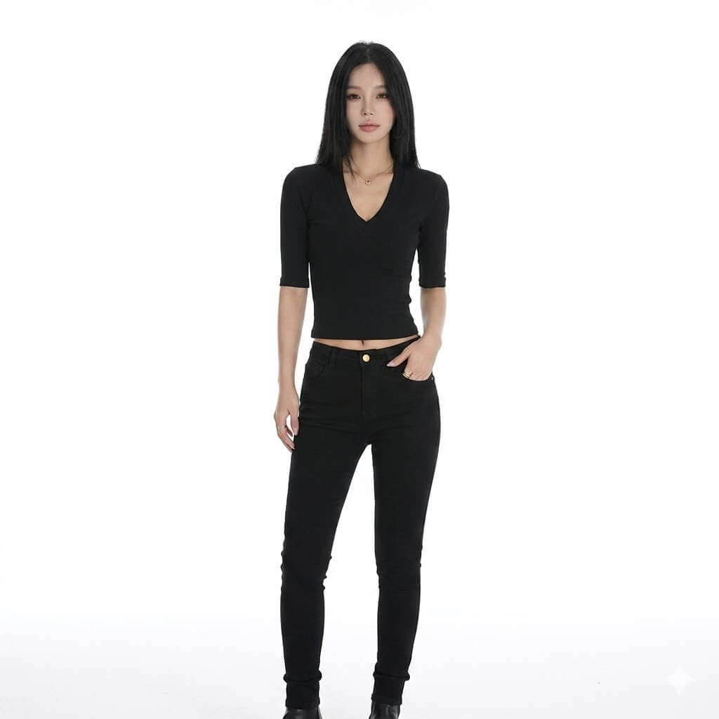 Women's  Black Crop Top V-Neck Drop Shoulder Short Sleeve Slim Fit Tee for Summer Streetwear