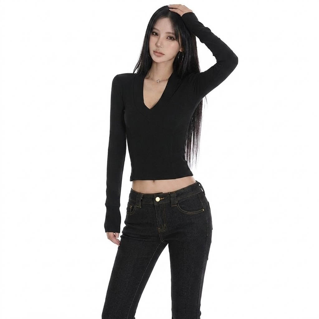 Women's  Black Crop Top V-Neck Drop Shoulder Short Sleeve Slim Fit Tee for Summer Streetwear