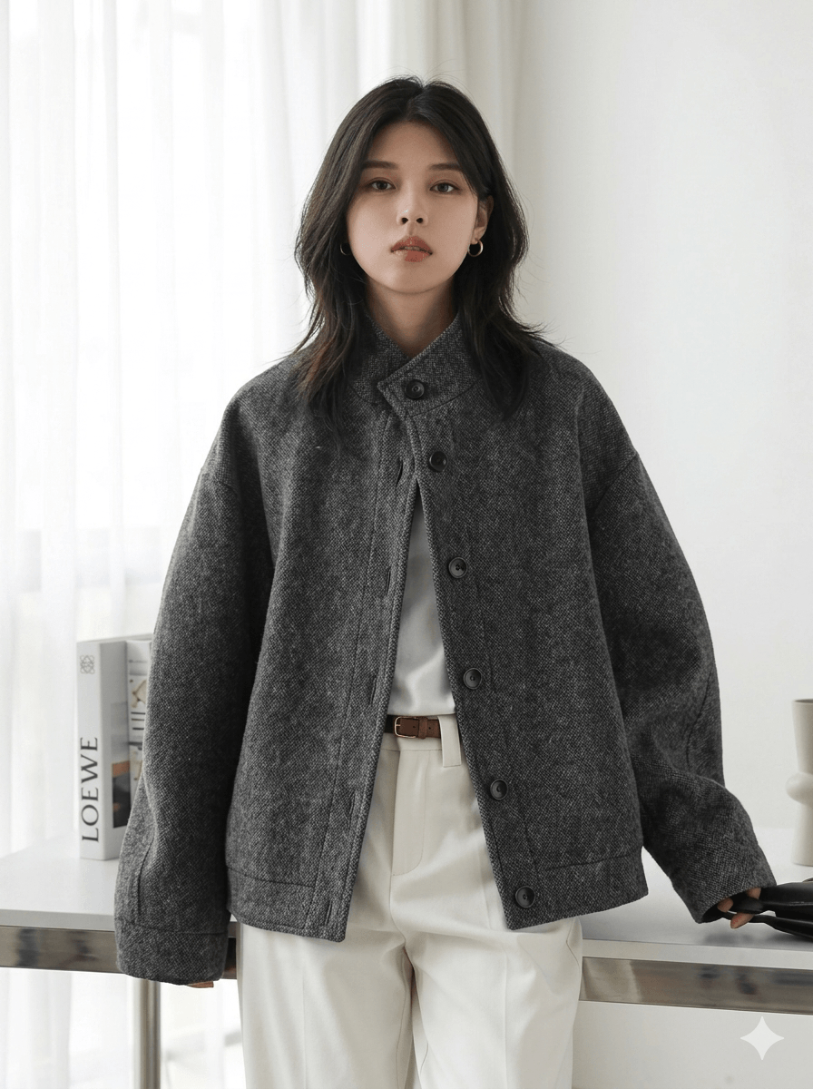 Women's Short Woolen Jacket 2026 Stand-Up Collar Twill Texture Coat  Retro Single-Breasted Ladies Outwear - Warm Autumn Winter Cropped Blazer