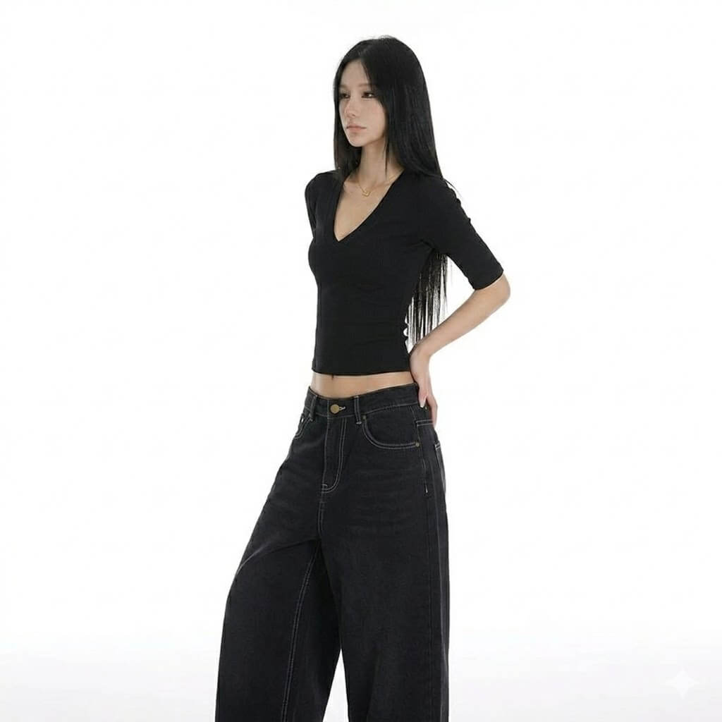 Women's  Black Crop Top V-Neck Drop Shoulder Short Sleeve Slim Fit Tee for Summer Streetwear