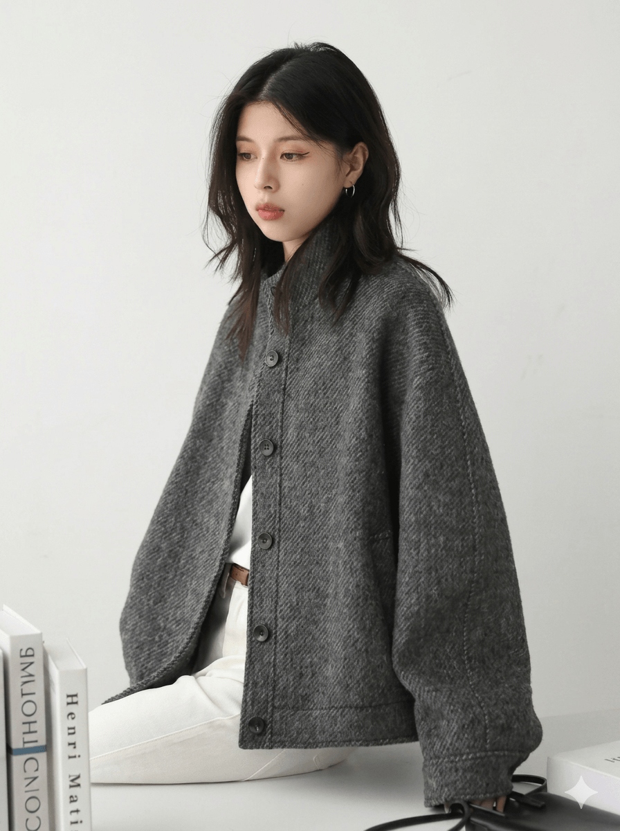 Women's Short Woolen Jacket 2026 Stand-Up Collar Twill Texture Coat  Retro Single-Breasted Ladies Outwear - Warm Autumn Winter Cropped Blazer