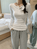 Women's Retro Slim Fit Long Sleeve Shirt - Sexy Solid Color Button Pullover Top - 2026 Spring Fall Casual Streetwear T-Shirt