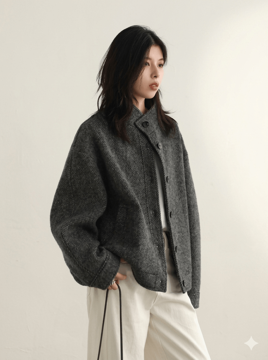 Women's Short Woolen Jacket 2026 Stand-Up Collar Twill Texture Coat  Retro Single-Breasted Ladies Outwear - Warm Autumn Winter Cropped Blazer