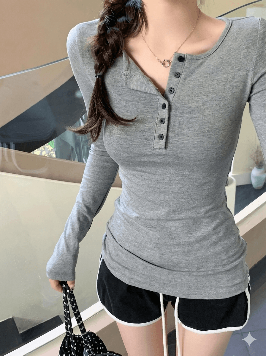 Women's Retro Slim Fit Long Sleeve Shirt - Sexy Solid Color Button Pullover Top - 2026 Spring Fall Casual Streetwear T-Shirt