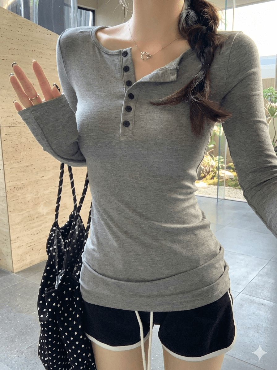 Women's Retro Slim Fit Long Sleeve Shirt - Sexy Solid Color Button Pullover Top - 2026 Spring Fall Casual Streetwear T-Shirt