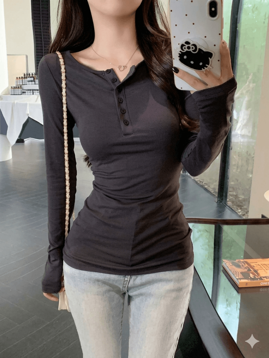 Women's Retro Slim Fit Long Sleeve Shirt - Sexy Solid Color Button Pullover Top - 2026 Spring Fall Casual Streetwear T-Shirt