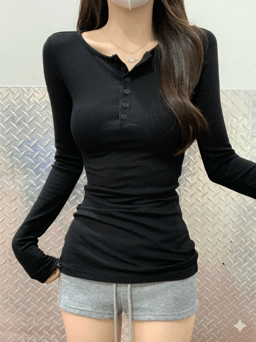 Women's Retro Slim Fit Long Sleeve Shirt - Sexy Solid Color Button Pullover Top - 2026 Spring Fall Casual Streetwear T-Shirt
