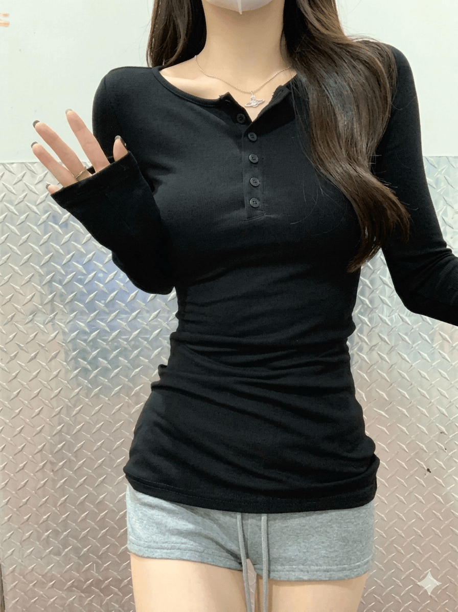 Women's Retro Slim Fit Long Sleeve Shirt - Sexy Solid Color Button Pullover Top - 2026 Spring Fall Casual Streetwear T-Shirt