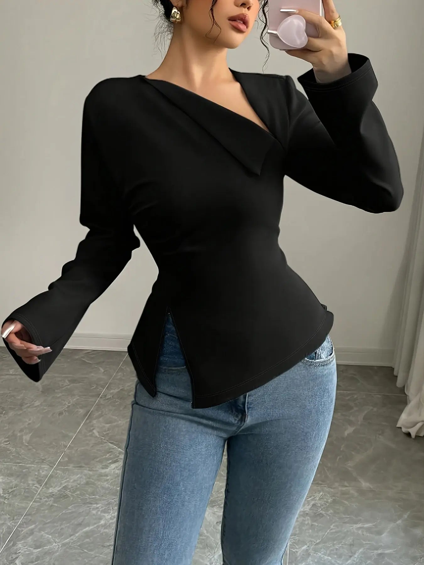 Elegant Black Asymmetric V-Neck Blouse - Long Flare Sleeve, Side Slit Slim Fit Top for Office & Evening Party