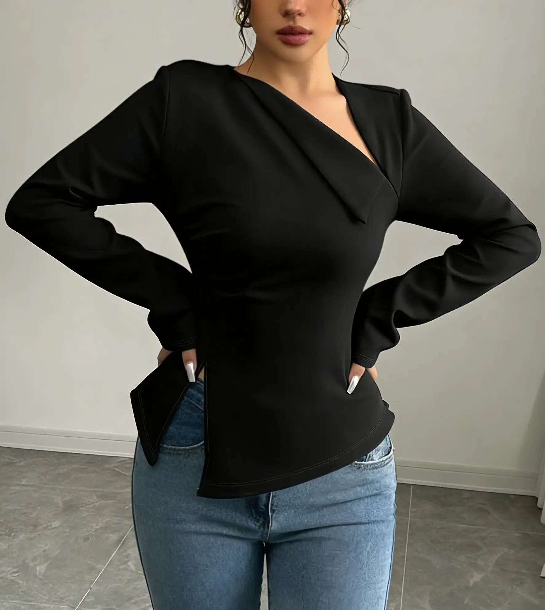 Elegant Black Asymmetric V-Neck Blouse - Long Flare Sleeve, Side Slit Slim Fit Top for Office & Evening Party