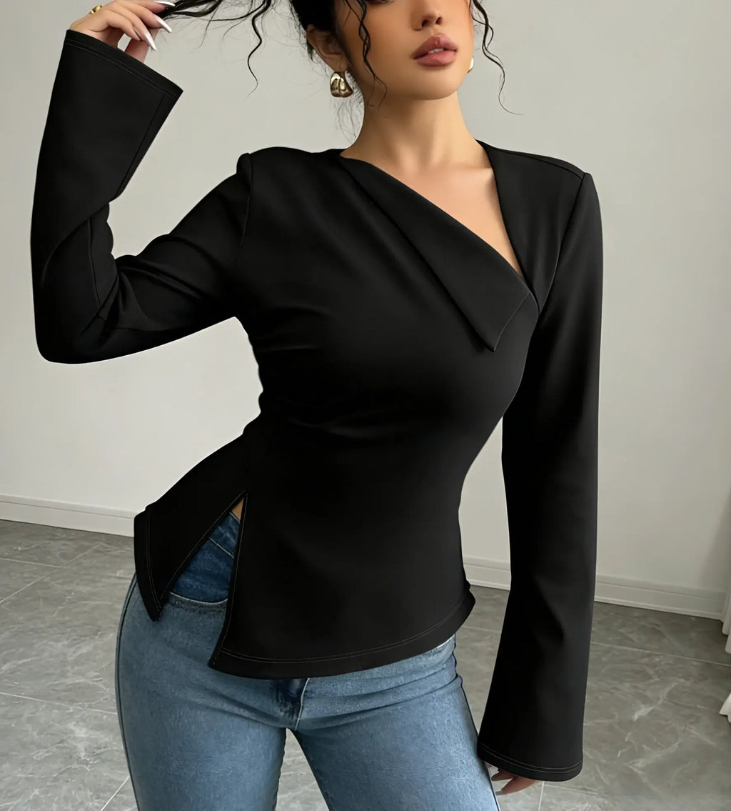 Elegant Black Asymmetric V-Neck Blouse - Long Flare Sleeve, Side Slit Slim Fit Top for Office & Evening Party