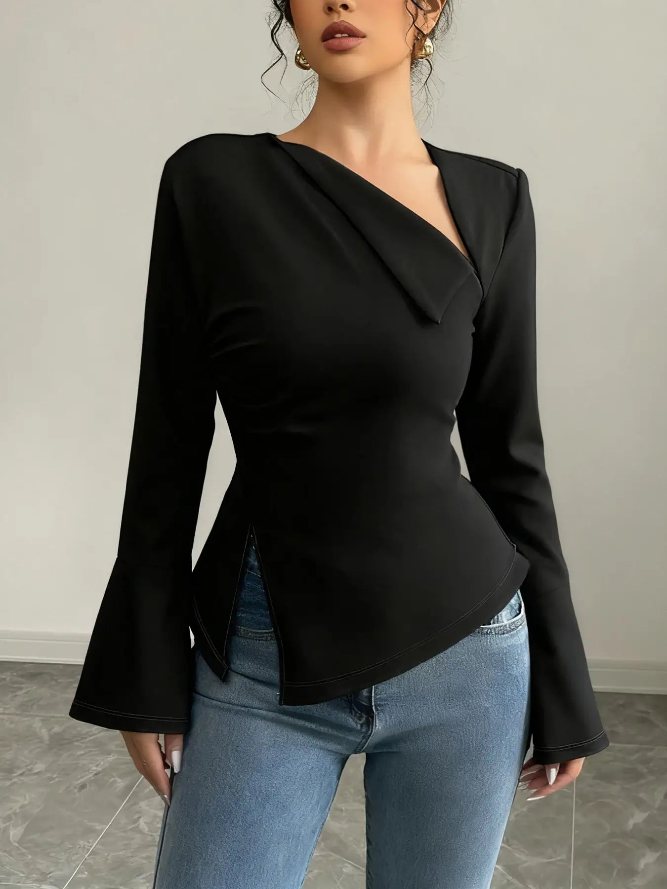 Elegant Black Asymmetric V-Neck Blouse - Long Flare Sleeve, Side Slit Slim Fit Top for Office & Evening Party