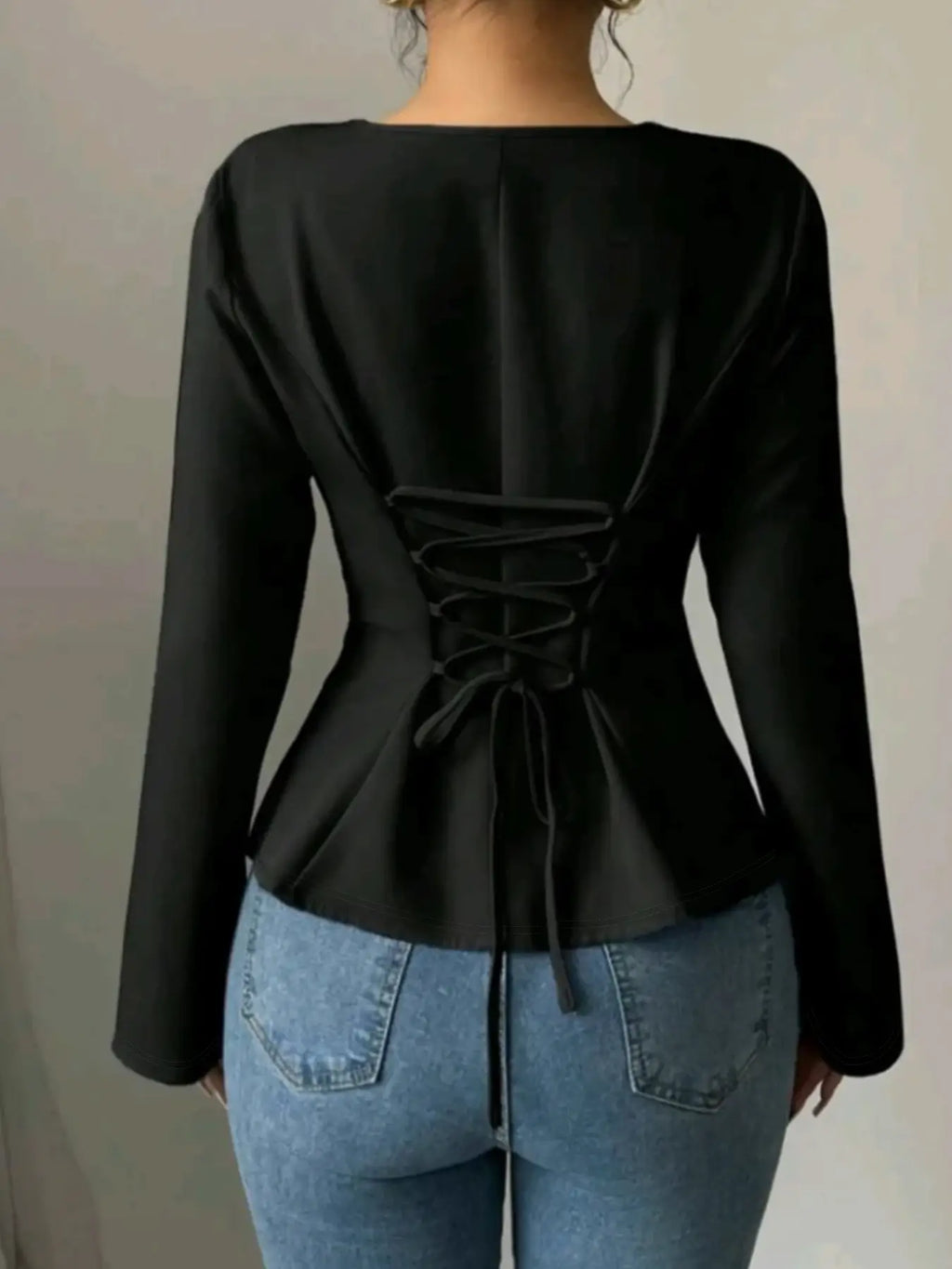 Elegant Black Asymmetric V-Neck Blouse - Long Flare Sleeve, Side Slit Slim Fit Top for Office & Evening Party