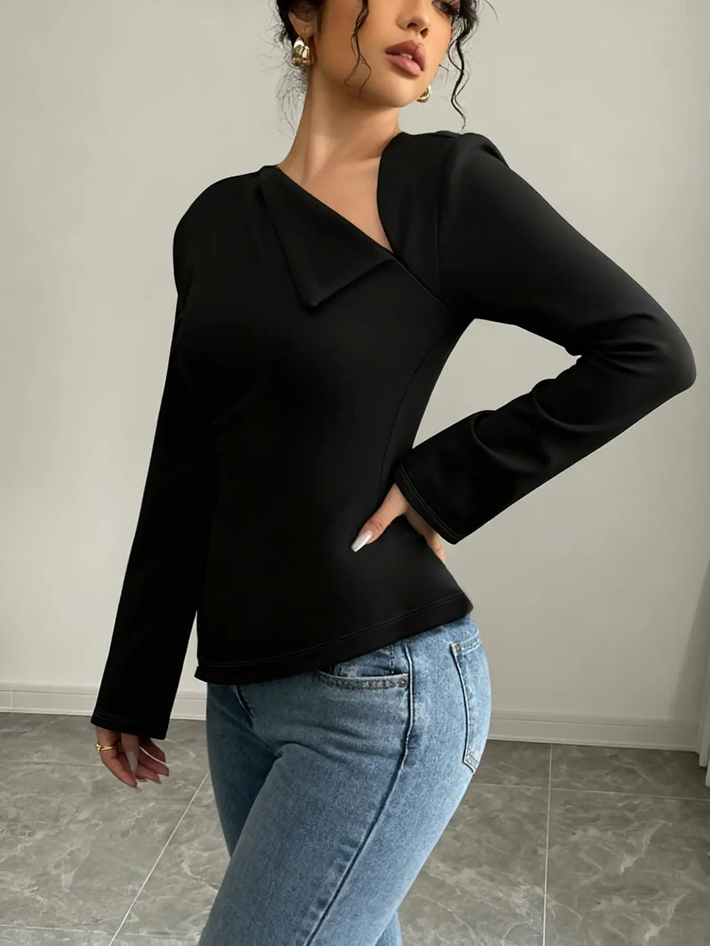Elegant Black Asymmetric V-Neck Blouse - Long Flare Sleeve, Side Slit Slim Fit Top for Office & Evening Party