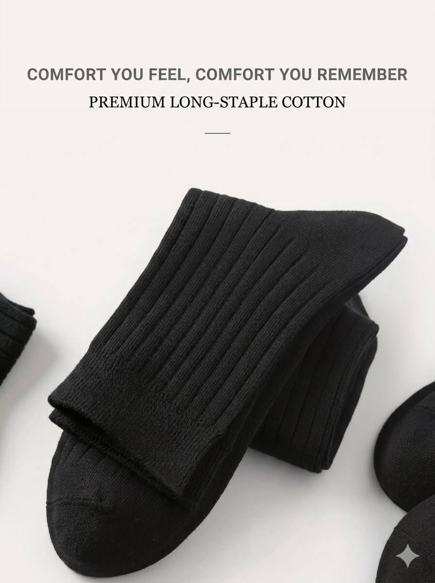 6 Pairs Men's Premium Crew Socks - Versatile Solid Black Business Dress Socks, Breathable Ribbed Knit All-Season Middle Calf Socks