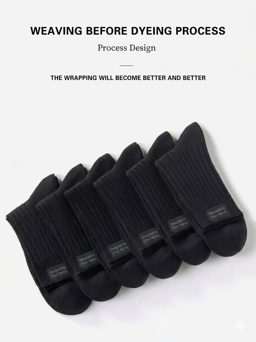 6 Pairs Men's Premium Crew Socks - Versatile Solid Black Business Dress Socks, Breathable Ribbed Knit All-Season Middle Calf Socks