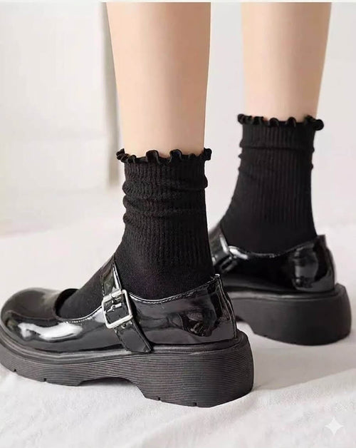 Cute Ruffle Top Cotton Socks for Women Girls | Vintage Frilly Ribbed Mid-Calf Socks Solid Color Loose Slouchy Crew Socks