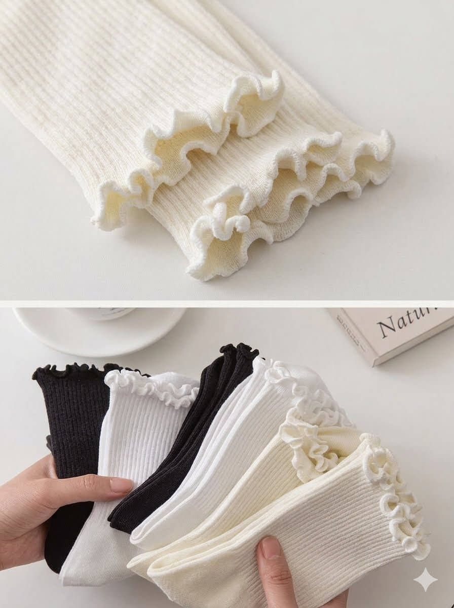 Cute Ruffle Top Cotton Socks for Women Girls | Vintage Frilly Ribbed Mid-Calf Socks Solid Color Loose Slouchy Crew Socks